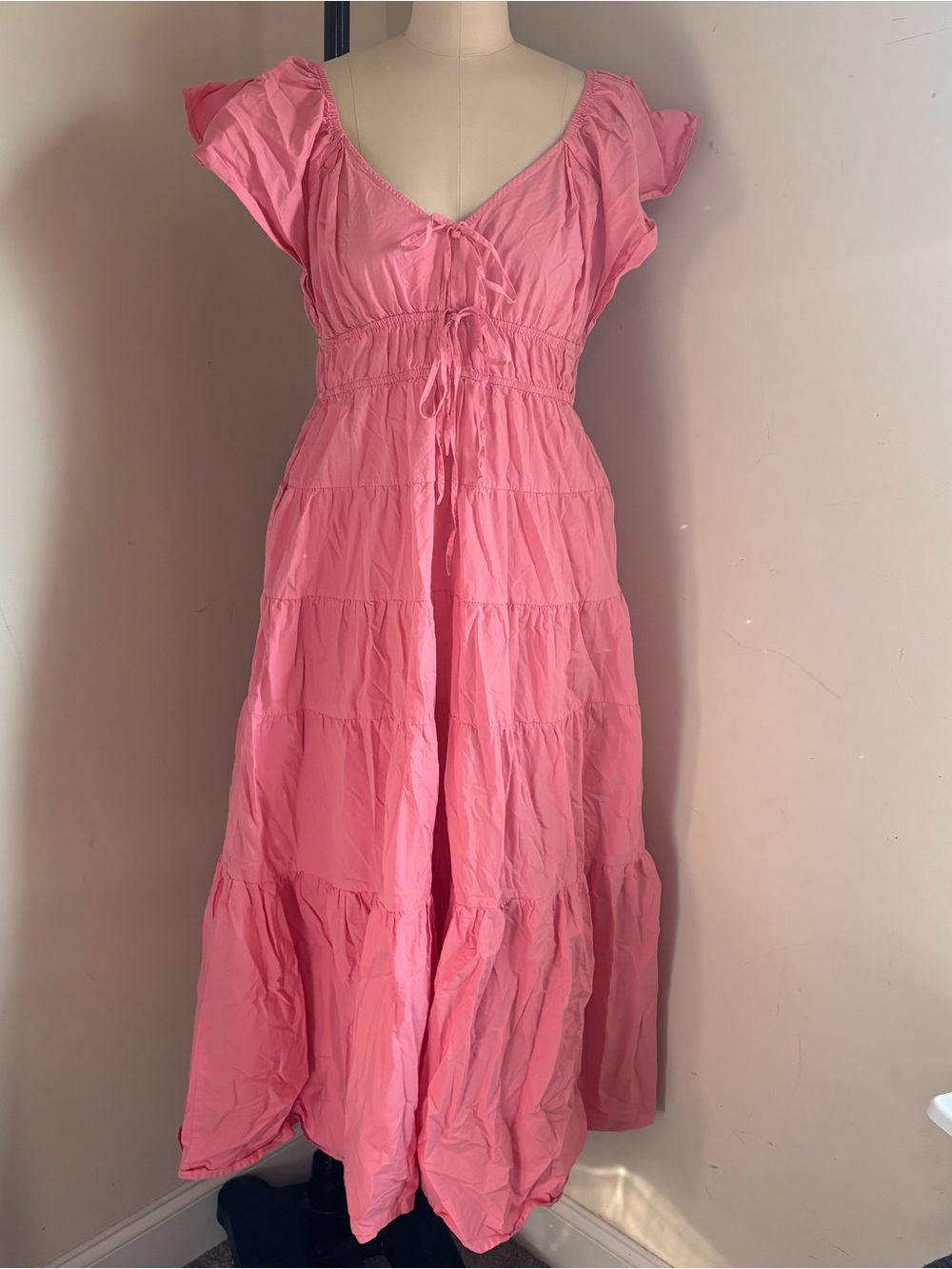 Flutter-Sleeve Pink Tiered Maxi Dress with Tie-Front
